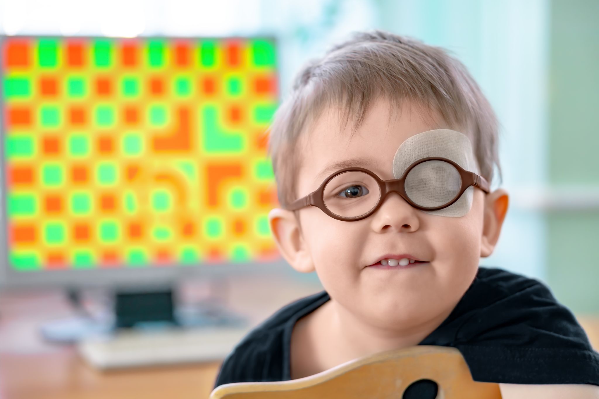 Um garotinho usando óculos e um tapa-olho.Ele passa por tratamento de visão para prevenir estrabismo (Exotropia Intermitente). Problema de doença de visão infantil.