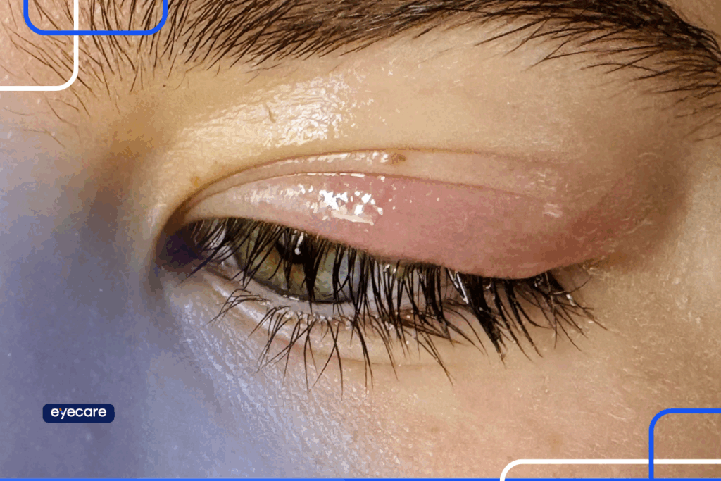 Pálpebra inchada em close, mostrando sinais de inflamação ocular