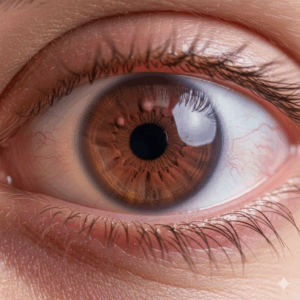Close-up de um olho com a esclera (parte branca) avermelhada e vasos sanguíneos visíveis, indicando inflamação. Ilustra um sintoma comum de esclerite.