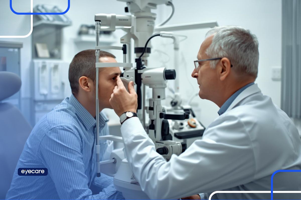 Profissional realizando exame ocular em paciente durante uma consulta oftalmológica eficiente, utilizando lâmpada de fenda em um consultório moderno.