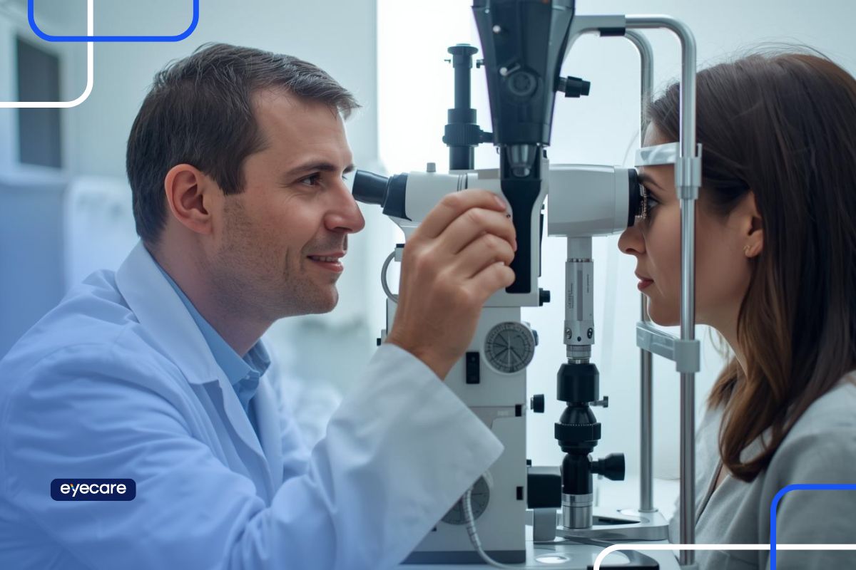 Oftalmologista realizando exame de vista em paciente durante consulta, representando a busca por oftalmologista perto de mim.