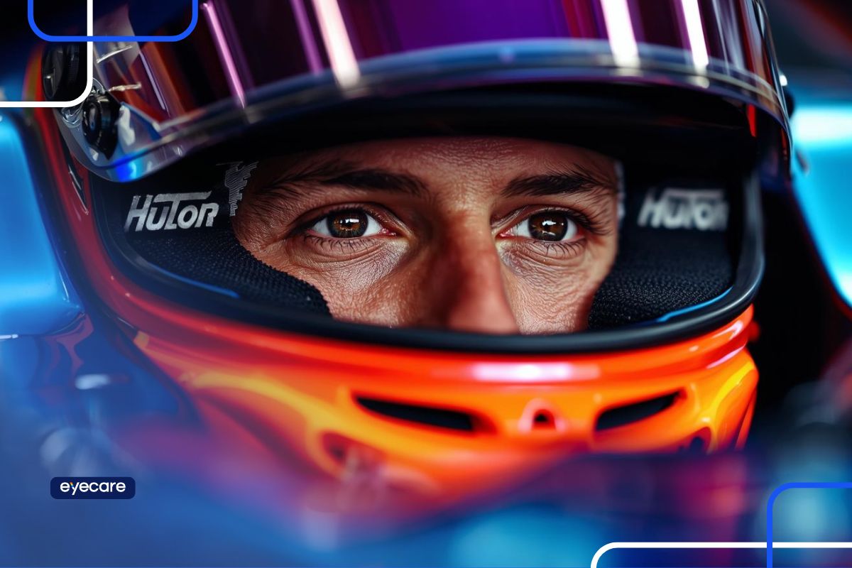 Close dos olhos de um piloto de Fórmula 1 destacando a concentração e a visão dos pilotos de Fórmula 1 em alta velocidade