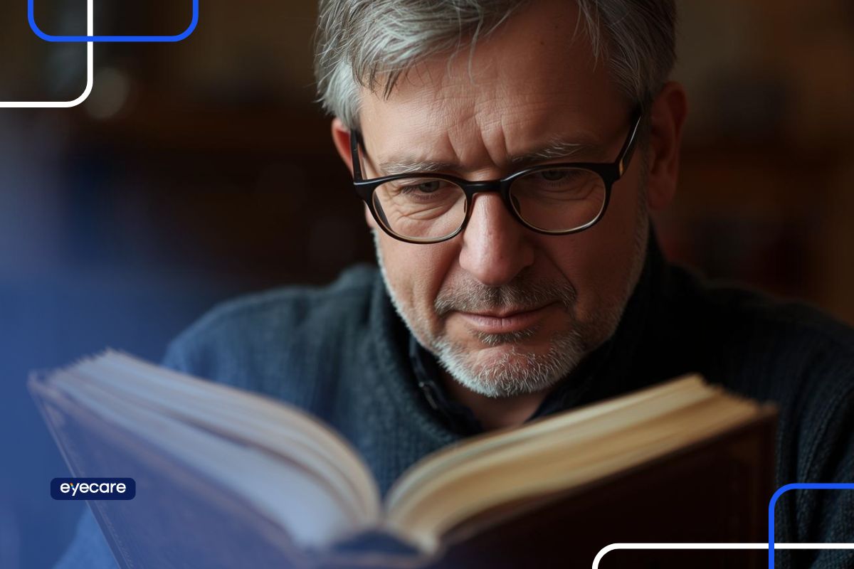 homem lendo um livro aparentando dificuldade de enxergar, demonstrando a necessidade da cirurgia de presbiopia