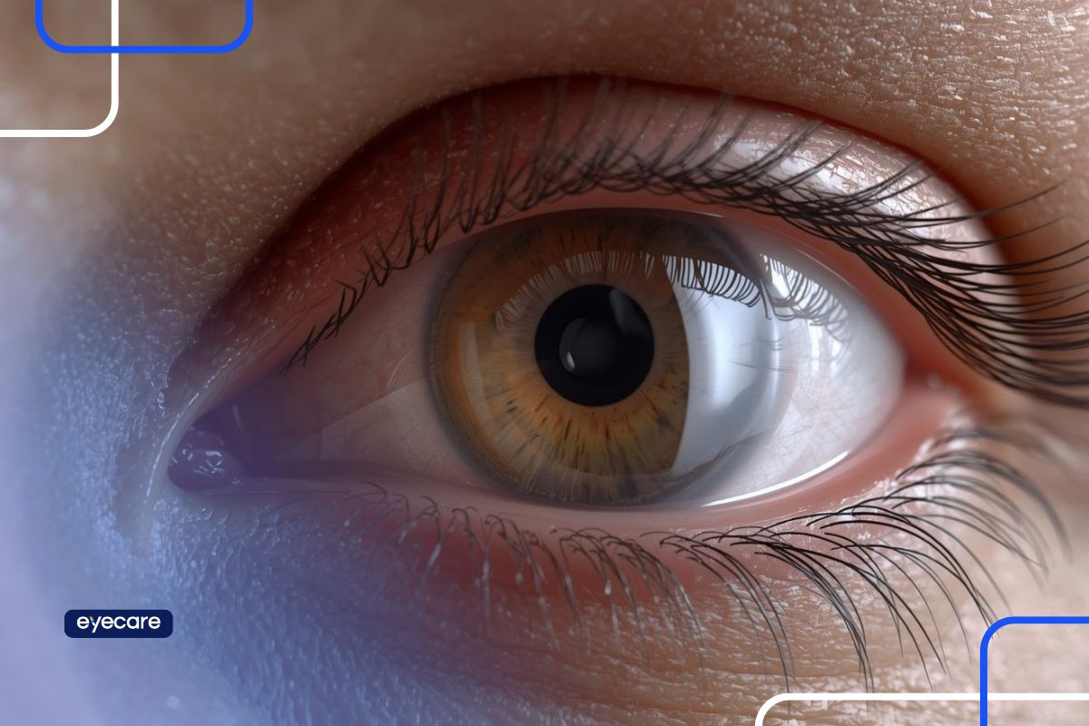 Olho humano em close, destacando detalhes da córnea e simbolizando o transplante de córnea artificial e seus avanços na recuperação da visão